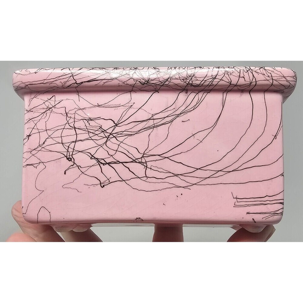 Vtg Hull MCM Pink Ceramic Footed Splatter Lines Mini Loaf Pan Trinket Dish 6" - Picture 9 of 15